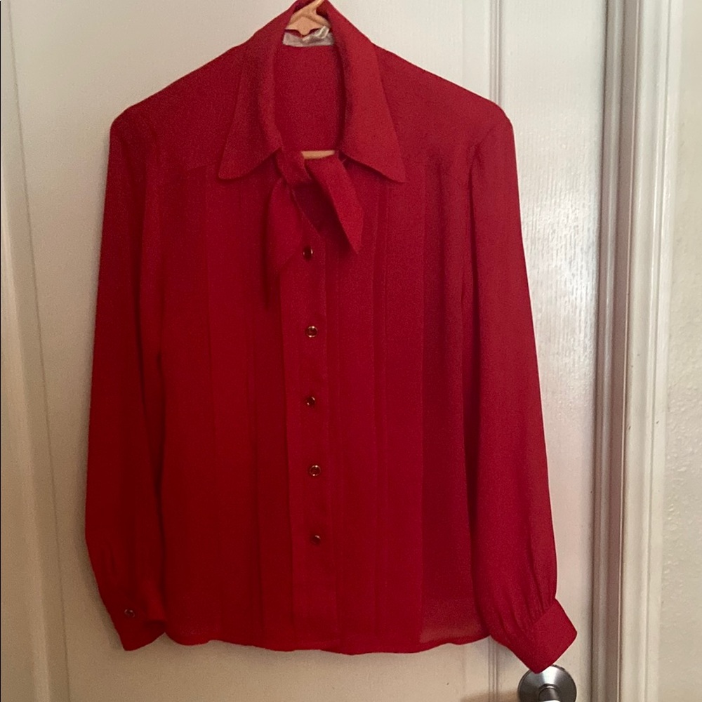Vintage Petite Red Long Sleeve Tie Front Blouse